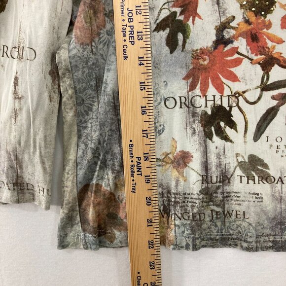 Studio Gem Q. Large Hummingbird Stretch Knit Crew Neck 3/4 Sleeve Artsy Boho Top - Picture 5 of 10